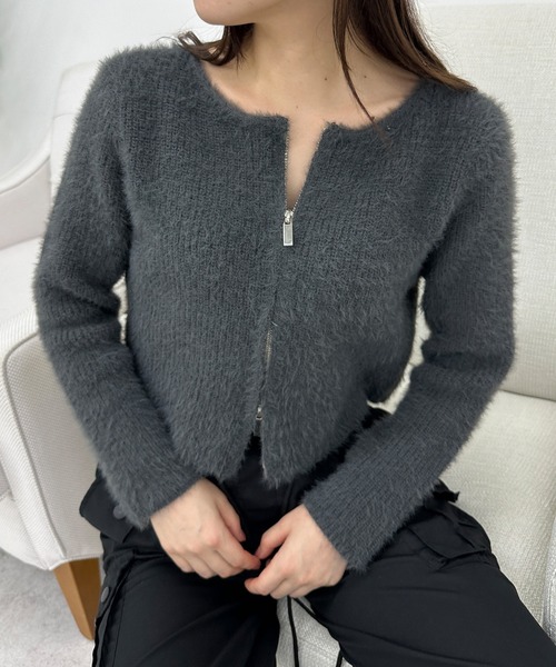 solleim（ソルレム）の「シャギージップアップニット（ニット/セーター・レディース・ブラウン/ホワイト/チャコールグレー・M）」の4枚目の写真