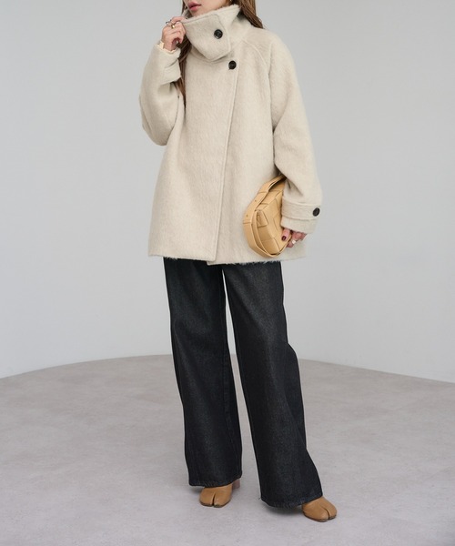 セール】シャギーミドル丈スタンドカラーコート（ステンカラーコート