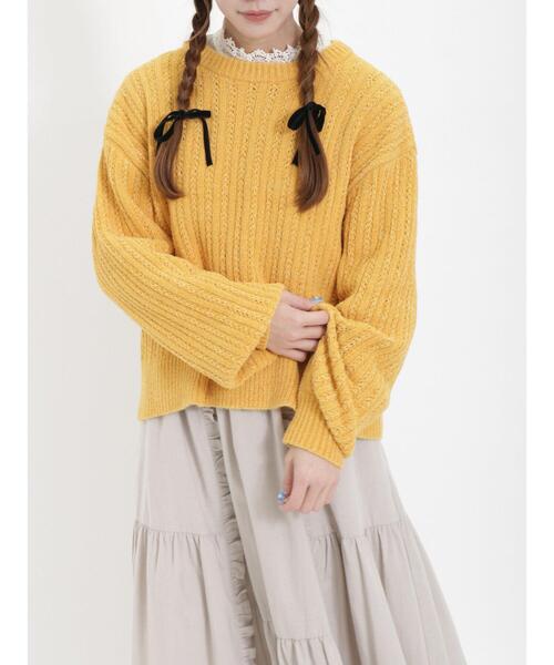 Samansa Mos2（サマンサ モスモス）の「モールフェザーケーブルニット（ニット/セーター・レディース・キナリ/グリーン/チャコールグレー/イエロー・F）」の4枚目の写真