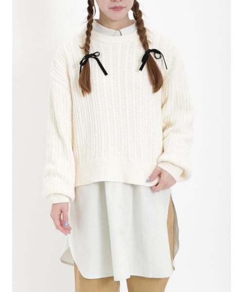 Samansa Mos2（サマンサ モスモス）の「モールフェザーケーブルニット（ニット/セーター・レディース・キナリ/グリーン/チャコールグレー/イエロー・F）」の2枚目の写真