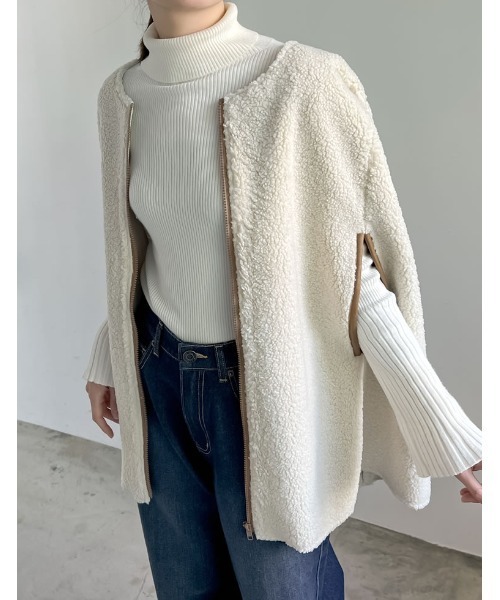 Re:EDIT（リエディ）の「ムートンボアパイピングフレアポンチョ（ポンチョ・レディース・アイボリー・MEDIUM/LARGE）」の6枚目の写真