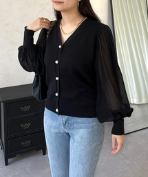 袖シアーパールボタンカーディガン