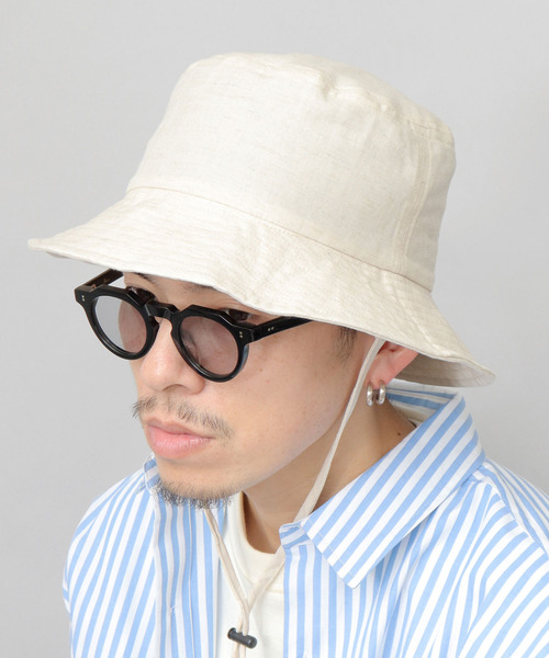 新品【 Coomb 】リボン　リネン麻ハット セール】麻混（コットンリネンリヨセル） あご紐付き ダウン