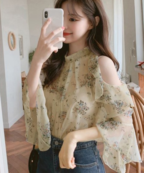 Miniministore(ミニミニストア)の「花柄ブラウスプチハイネックオフショルダー半袖半袖(シャツ/ブラウス・レディース・ベージュ系1/オレンジ/ベージュ系2/ブルー・M/L)」の12枚目の写真