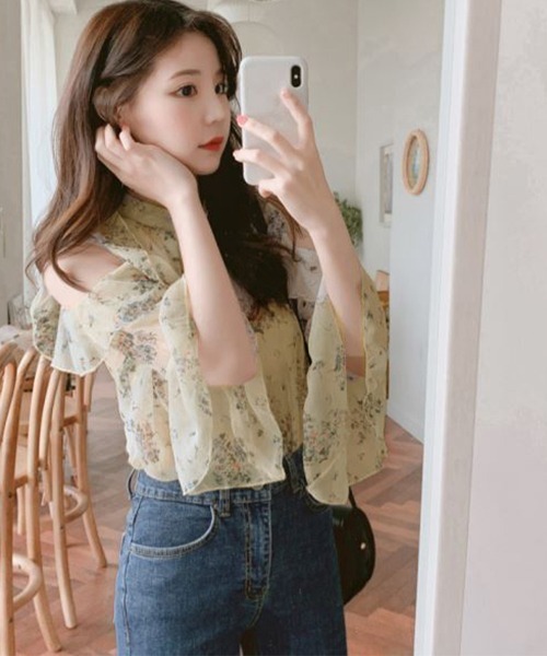Miniministore(ミニミニストア)の「花柄ブラウスプチハイネックオフショルダー半袖半袖(シャツ/ブラウス・レディース・ベージュ系1/オレンジ/ベージュ系2/ブルー・M/L)」の14枚目の写真