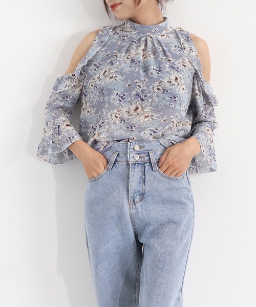 Miniministore(ミニミニストア)の「花柄ブラウスプチハイネックオフショルダー半袖半袖(シャツ/ブラウス・レディース・ベージュ系1/オレンジ/ベージュ系2/ブルー・M/L)」の19枚目の写真