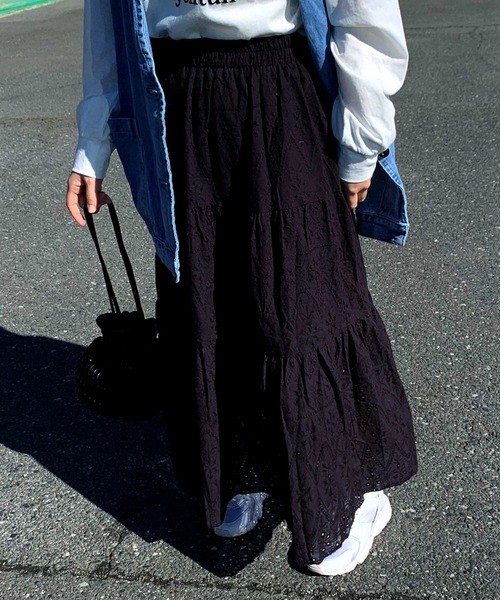 CRB（シーアールビー）の「レースティアードロングスカート（スカート・レディース・ブラック/オフホワイト・F）」の10枚目の写真