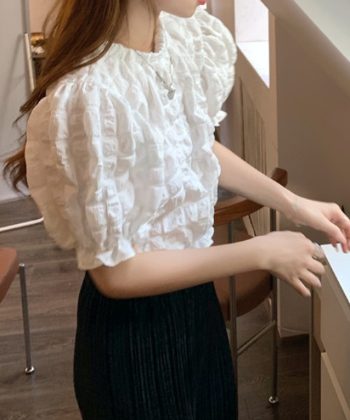 deux amour（ドゥーザムール）の「パフスリーブボリューム半袖トップス（Tシャツ/カットソー・レディース・ブラック/ホワイト・FREE）」の8枚目の写真