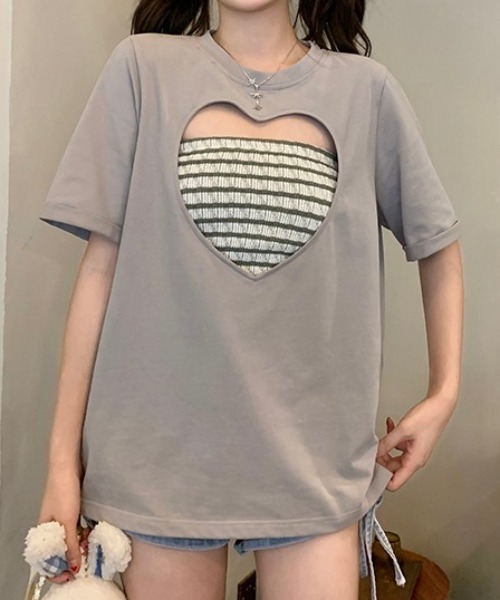 GEMEDA(ジェメダ)の「ハートTシャツ 2点セット(Tシャツ/カットソー・レディース・グレー・M)」の5枚目の写真