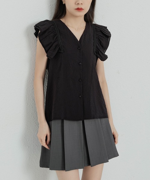 MAISON DE THERESE（メゾン ド テレーズ）の「ノースリーブVネックシャツ（シャツ/ブラウス・レディース・ブラック/カーキ/ホワイト・S/M）」の2枚目の写真