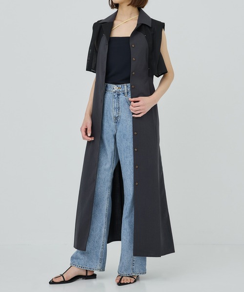 【極美品】パブリックトウキョウ　リネンライクストライプワンピース　スリット　F 極美品】パブリックトウキョウ リネンライクストライプ