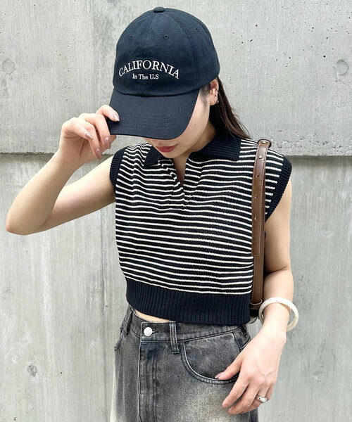 mline（エムライン）の「[mline]バックロゴボーダーノースリニット（ベスト・レディース・グリーン/ブラック/アイボリー・FREE）」の3枚目の写真