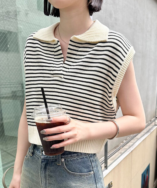 mline（エムライン）の「[mline]バックロゴボーダーノースリニット（ベスト・レディース・グリーン/ブラック/アイボリー・FREE）」の14枚目の写真