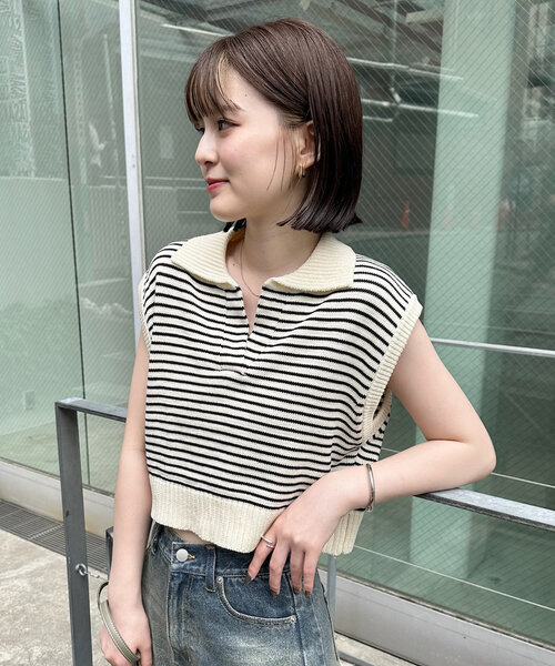 mline（エムライン）の「[mline]バックロゴボーダーノースリニット（ベスト・レディース・グリーン/ブラック/アイボリー・FREE）」の15枚目の写真