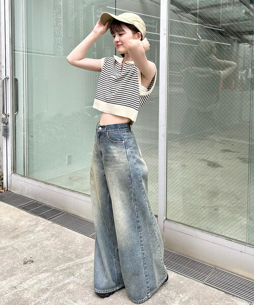 mline（エムライン）の「[mline]バックロゴボーダーノースリニット（ベスト・レディース・グリーン/ブラック/アイボリー・FREE）」の17枚目の写真