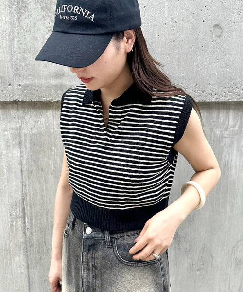 mline（エムライン）の「[mline]バックロゴボーダーノースリニット（ベスト・レディース・グリーン/ブラック/アイボリー・FREE）」の6枚目の写真