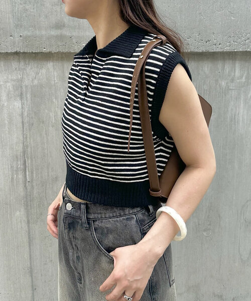 mline（エムライン）の「[mline]バックロゴボーダーノースリニット（ベスト・レディース・グリーン/ブラック/アイボリー・FREE）」の7枚目の写真