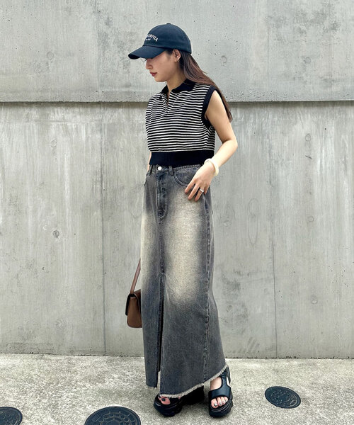 mline（エムライン）の「[mline]バックロゴボーダーノースリニット（ベスト・レディース・グリーン/ブラック/アイボリー・FREE）」の9枚目の写真