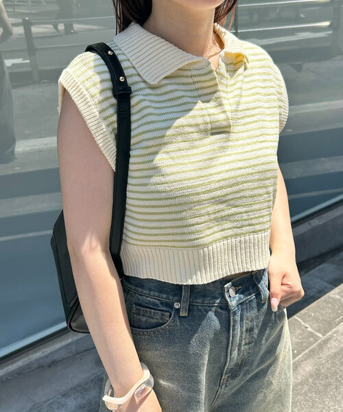 mline（エムライン）の「[mline]バックロゴボーダーノースリニット（ベスト・レディース・グリーン/ブラック/アイボリー・FREE）」の10枚目の写真