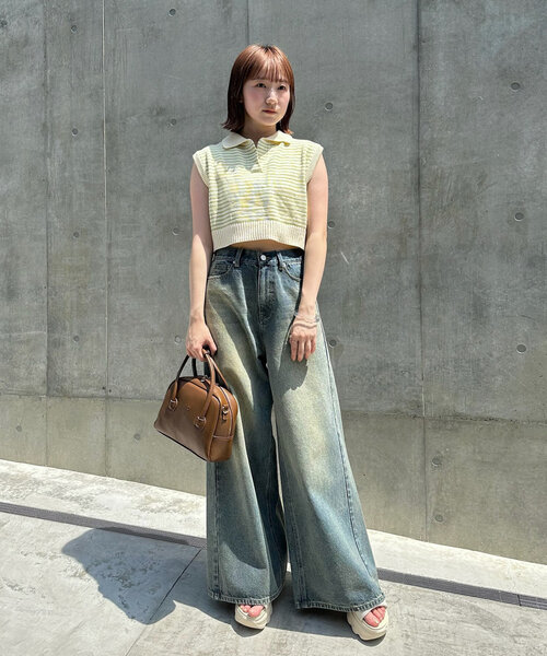 mline（エムライン）の「[mline]バックロゴボーダーノースリニット（ベスト・レディース・グリーン/ブラック/アイボリー・FREE）」の4枚目の写真