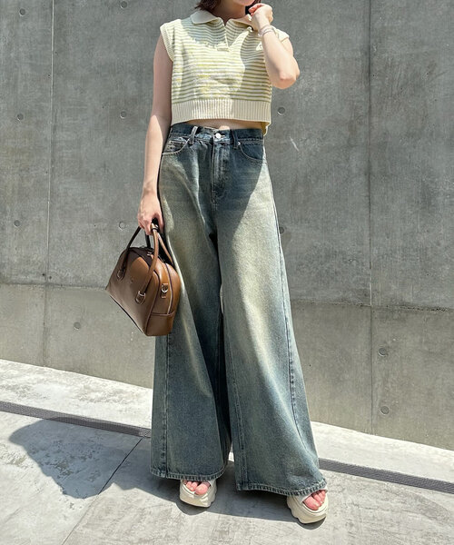 mline（エムライン）の「[mline]バックロゴボーダーノースリニット（ベスト・レディース・グリーン/ブラック/アイボリー・FREE）」の5枚目の写真