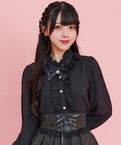 Secret Honey(シークレットハニー)の「スタンドレースフリルミニリボンブラウス(シャツ/ブラウス・レディース・オフホワイト/ブラック・MEDIUM)」の2枚目の写真