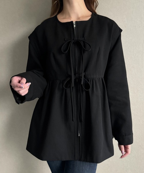 PAULE KA リボン ウール ジャケット カシミヤ混 ノーカラー ペプラム