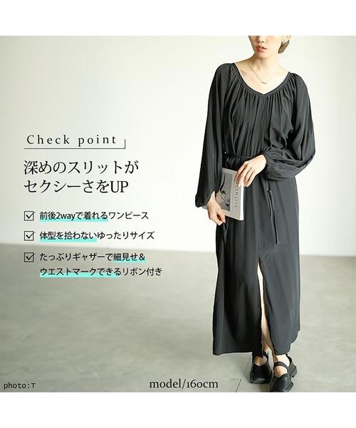 GOLDJAPAN(ゴールドジャパン)の「前後2wayバルーン袖Vネックワンピース【大きいサイズ対応】(ワンピース・レディース・ブラック・LL~3L)」の3枚目の写真