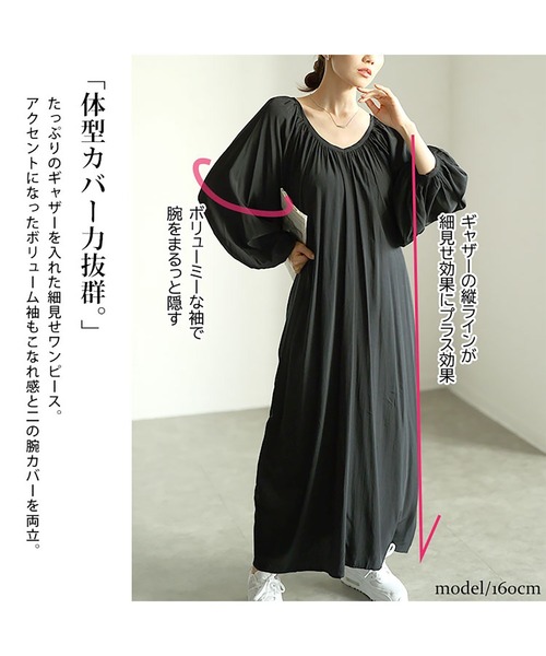 GOLDJAPAN(ゴールドジャパン)の「前後2wayバルーン袖Vネックワンピース【大きいサイズ対応】(ワンピース・レディース・ブラック・LL~3L)」の5枚目の写真