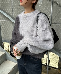 配色シャギー起毛ショート丈ニットトップス