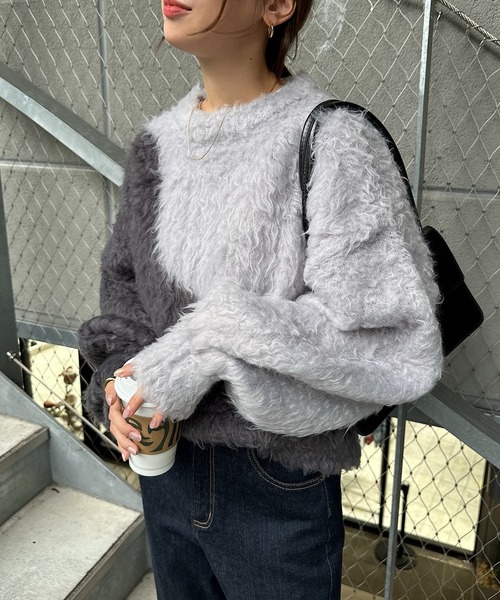 andme(アンドミー)の「配色シャギー起毛ショート丈ニットトップス(ニット/セーター・レディース・ベージュ系その他/グレー系その他/ブラウン系その他・M)」の1枚目の写真