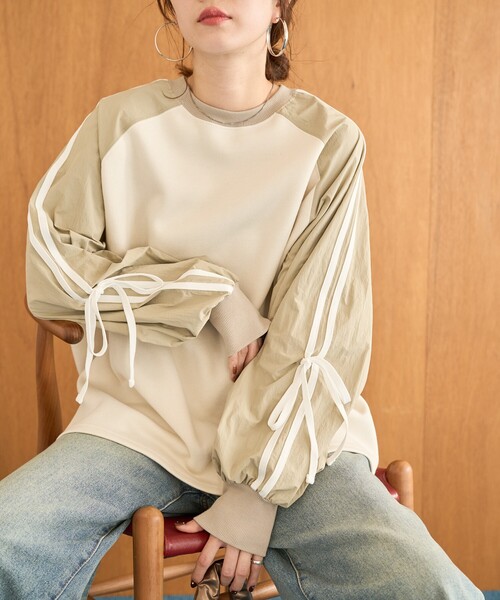 FREAK'S STORE(フリークスストア)の「限定展開 リボン ライン 異素材 ドッキング ラグラン プルオーバー(スウェット・レディース・ナチュラル/チャコールグレー/オートミール・フリ-)」の12枚目の写真