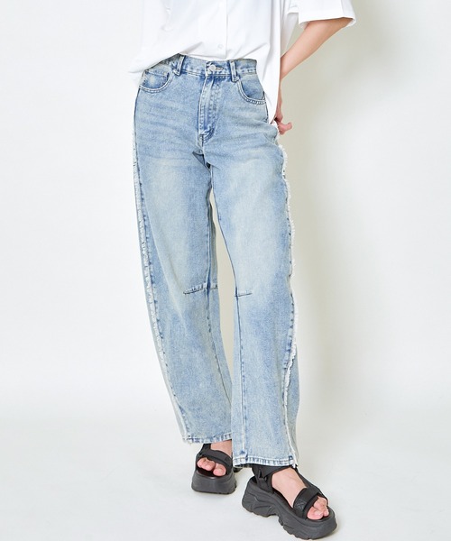 GORGE(ゴージ)の「《サイドフリンジ×ワイドバレル》レディース デニムパンツ 体型カバー 春夏秋冬(デニムパンツ・レディース・ブラック系その他/グリーン系その他/インディゴブルー/サックスブルー・F)」の3枚目の写真