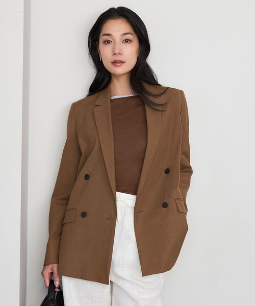 美品✨ICB カシミヤ混 ウールリバージャケット ダブルブレスト キャメル S セール】【CLASSY.5月号掲載・接触冷感・UVケア・撥水・洗える