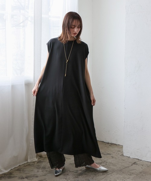 MICA & DEAL ブラック フレンチスリーブ　ワンピース 38 Ｌ セール】 〈手洗い可能〉麻混 ノットディテール フレンチ