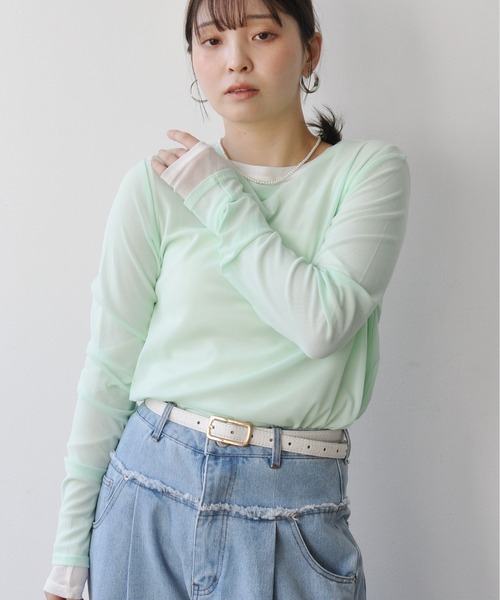Meli rich(メリーリッチ)の「パワーネットクルーネックシアートップス(Tシャツ/カットソー・レディース・ライトグレー/ミント・FREE)」の19枚目の写真