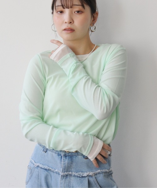 Meli rich(メリーリッチ)の「パワーネットクルーネックシアートップス(Tシャツ/カットソー・レディース・ライトグレー/ミント・FREE)」の20枚目の写真