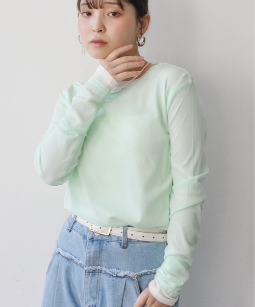 Meli rich(メリーリッチ)の「パワーネットクルーネックシアートップス(Tシャツ/カットソー・レディース・ライトグレー/ミント・FREE)」の4枚目の写真