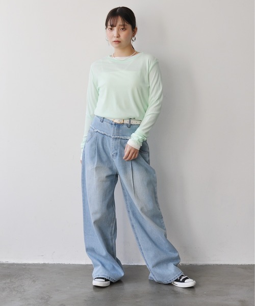 Meli rich(メリーリッチ)の「パワーネットクルーネックシアートップス(Tシャツ/カットソー・レディース・ライトグレー/ミント・FREE)」の5枚目の写真