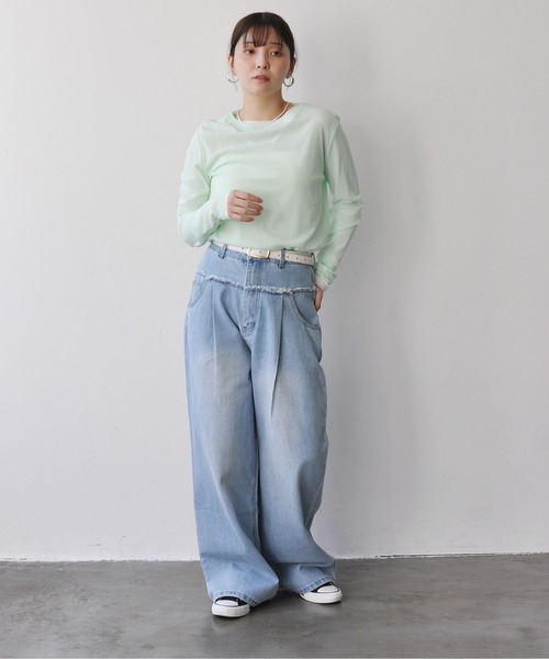 Meli rich(メリーリッチ)の「パワーネットクルーネックシアートップス(Tシャツ/カットソー・レディース・ライトグレー/ミント・FREE)」の7枚目の写真