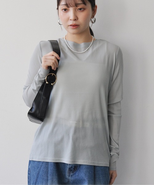 Meli rich(メリーリッチ)の「パワーネットクルーネックシアートップス(Tシャツ/カットソー・レディース・ライトグレー/ミント・FREE)」の9枚目の写真