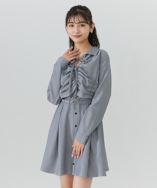 REDYAZEL(レディアゼル)の「フロントシャーリングシャツ&ストライプミニワンピースセット(ワンピース・レディース・グレー系その他/ブラック系その他/ベージュ系その他・SMALL/MEDIUM)」の2枚目の写真
