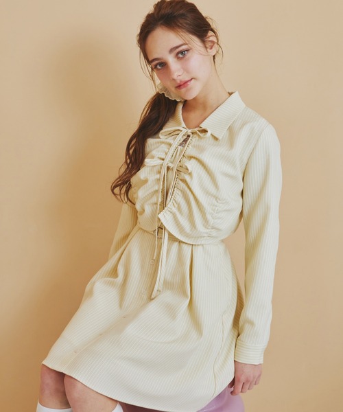 REDYAZEL(レディアゼル)の「フロントシャーリングシャツ&ストライプミニワンピースセット(ワンピース・レディース・グレー系その他/ブラック系その他/ベージュ系その他・SMALL/MEDIUM)」の1枚目の写真