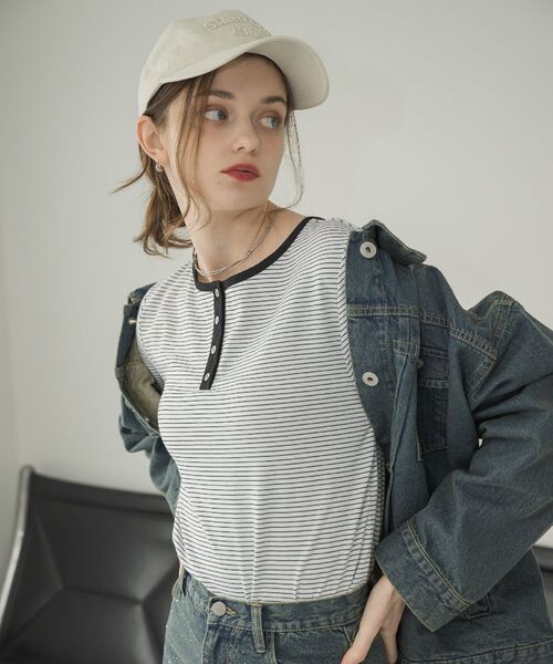 RETRO GIRL(レトロガール)の「ヘンリーネックカットソー(Tシャツ/カットソー・レディース・ブラック/ブラック系その他3/オフホワイト・FREE)」の6枚目の写真