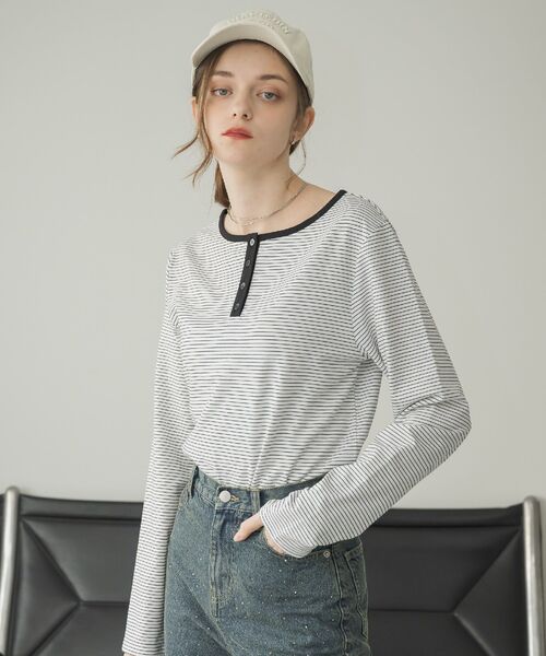 RETRO GIRL(レトロガール)の「ヘンリーネックカットソー(Tシャツ/カットソー・レディース・ブラック/ブラック系その他3/オフホワイト・FREE)」の8枚目の写真