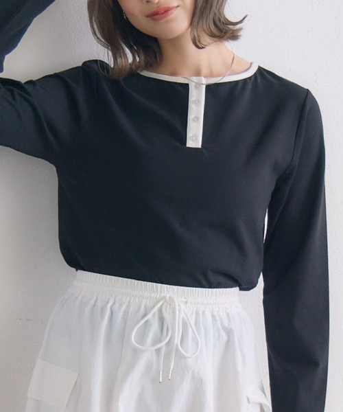 RETRO GIRL(レトロガール)の「ヘンリーネックカットソー(Tシャツ/カットソー・レディース・ブラック/ブラック系その他3/オフホワイト・FREE)」の2枚目の写真