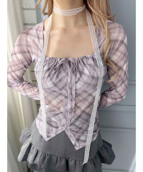 PHILLY(フィリー)の「【PHILLY】チェックシアーブラウス(Tシャツ/カットソー・レディース・グリーン/ピンク・FREE)」の2枚目の写真
