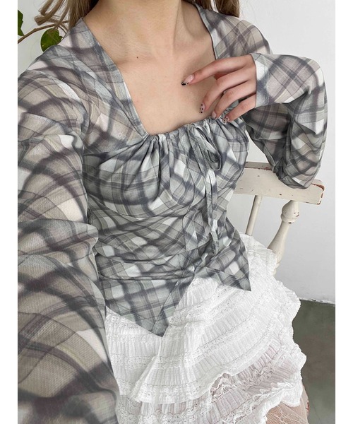 PHILLY(フィリー)の「【PHILLY】チェックシアーブラウス(Tシャツ/カットソー・レディース・グリーン/ピンク・FREE)」の7枚目の写真