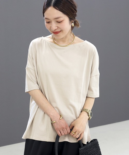 Aletta vita（アレッタビータ）の「オーガニックコットンボートネックワイドプルオーバー（Tシャツ/カットソー・レディース・オフホワイト/ブラック/グレイッシュベージュ/ダークブラウン・FREE）」の6枚目の写真