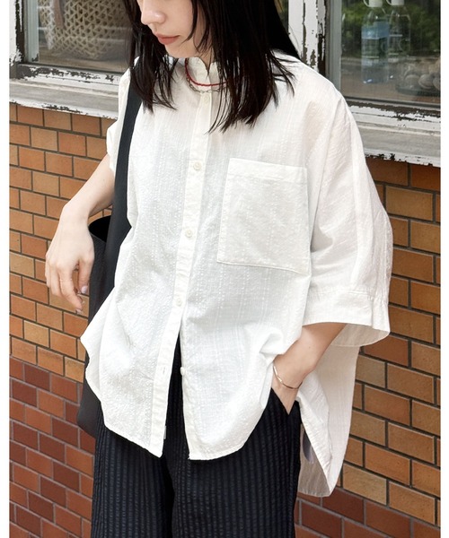reca(レカ)の「【ZOZOTOWN限定】バンドカラードルマンシャツ(シャツ/ブラウス・レディース・オフホワイト/ストライプ/チャコール/アイボリー/グレー/オレンジ系その他/ピンク/サックスブルー/グリーン/イエロー/ピンク系2・FREE)」の4枚目の写真